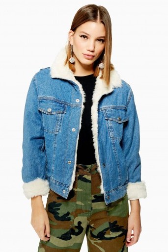 Topshop Faux Fur Lined Denim Jacket in Mid Stone - flipped