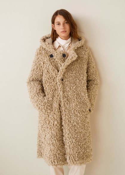 MANGO Faux shearling hooded coat in Ecru | neutral shaggy coats - flipped