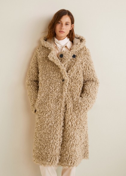 MANGO Faux shearling hooded coat in Ecru | neutral shaggy coats