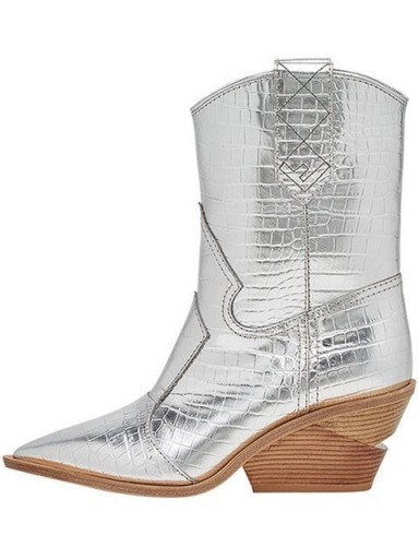 FENDI pointed toe silver leather cowboy booties / metallic western boot - flipped