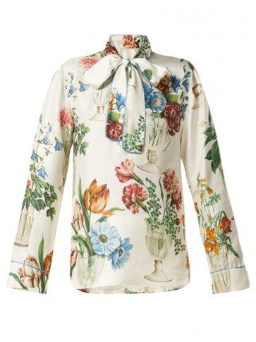 DOLCE & GABBANA Floral and vase-print white silk blouse | luxe pussy bow blouse - flipped