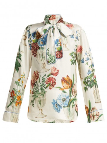 DOLCE & GABBANA Floral and vase-print white silk blouse | luxe pussy bow blouse
