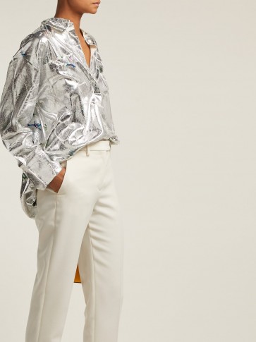 MSGM Floral-printed cracked metallic-silver lamé shirt