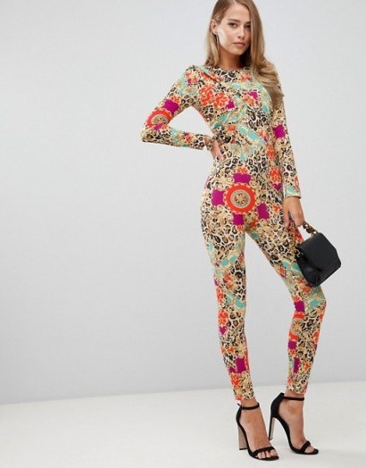 Flounce London fitted jumpsuit in scarf print – retro party wear – evening glamour - flipped