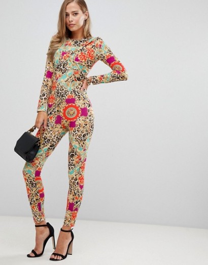 Flounce London fitted jumpsuit in scarf print – retro party wear – evening glamour