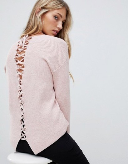 Forever New lace up back jumper in pink – feminine knitwear - flipped