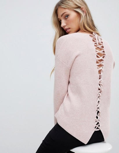 Forever New lace up back jumper in pink – feminine knitwear
