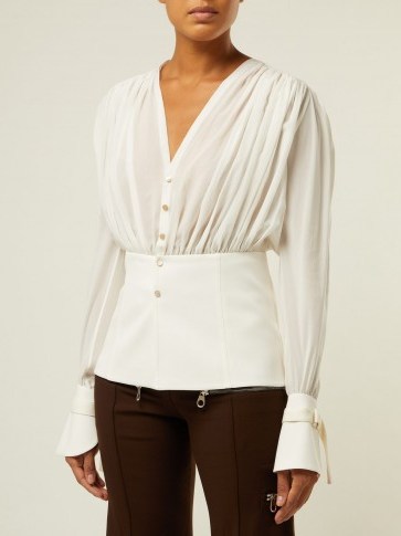 CHLOÉ Gathered silk-pongee V-neck blouse ~ feminine design clothing - flipped