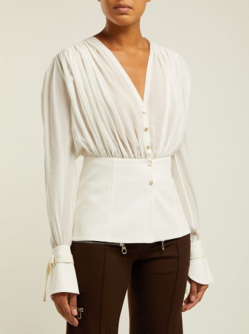 CHLOÉ Gathered silk-pongee V-neck blouse ~ feminine design clothing