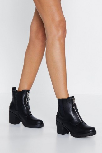 NASTY GAL Get Up and O-ring Boot in Black – chunky front zip boots