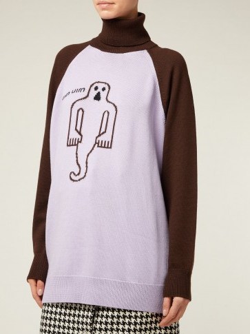 MIU MIU Ghost roll-neck lilac and brown wool sweater ~ fun motif oversized jumper - flipped