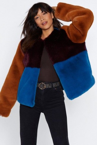 NASTY GAL Going Through a Soft Patch Faux Fur Coat in Plum – colour block winter jacket - flipped