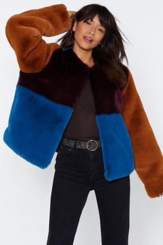 NASTY GAL Going Through a Soft Patch Faux Fur Coat in Plum – colour block winter jacket