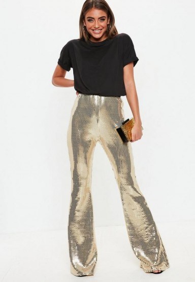 Missguided gold sequin flare trousers | shiny flares - flipped