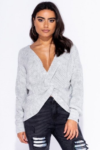 Parisian GREY KNOT FRONT DETAIL JUMPER ~ luxe style knitwear - flipped