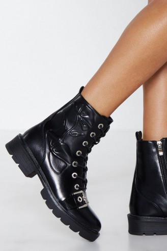 Nasty Gal Grow Can Do Floral Biker Boot in Black – chunky flower embossed boots