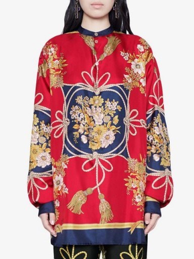 GUCCI Oversize shirt with flowers and tassels in red - flipped