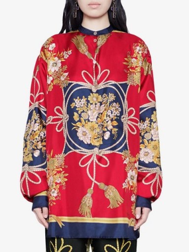 GUCCI Oversize shirt with flowers and tassels in red