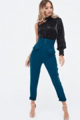 LAVISH ALICE high waisted satin button tailored trouser in green | luxe style pants