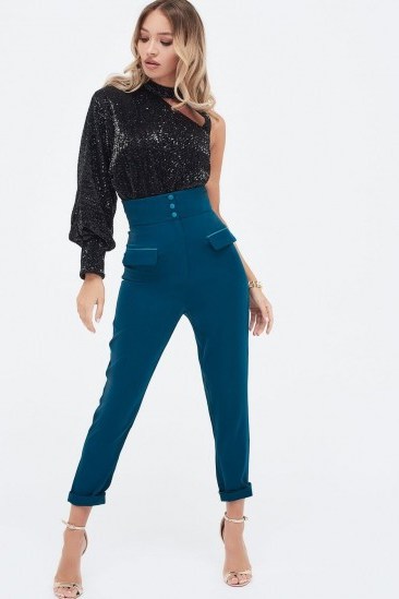LAVISH ALICE high waisted satin button tailored trouser in green | luxe style pants - flipped