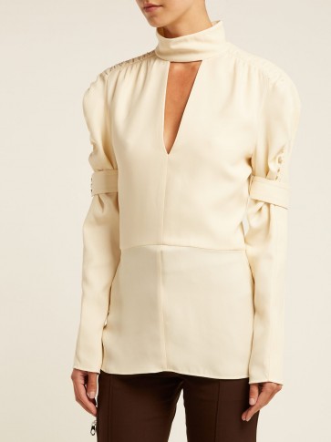 CHLOÉ High-neck ivory silk-blend keyhole front blouse