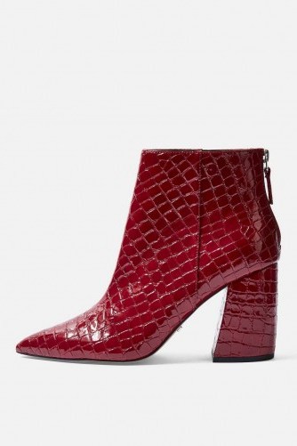 Topshop HOUSTON Ankle Pointed Boots in Red | chunky angled heel | shiny retro boot - flipped