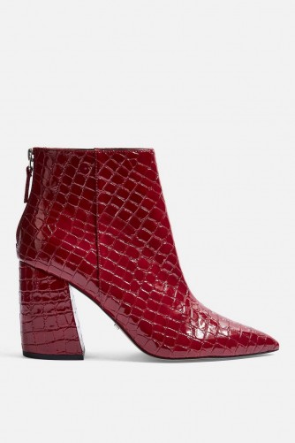 Topshop HOUSTON Ankle Pointed Boots in Red | chunky angled heel | shiny retro boot