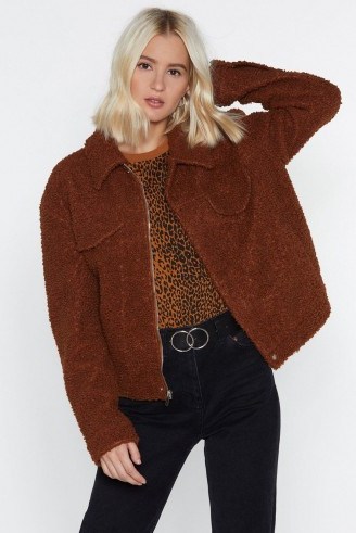 Nasty Gal I Feel Love Faux Shearling Jacket in Brown – relaxed fit casual jacket - flipped