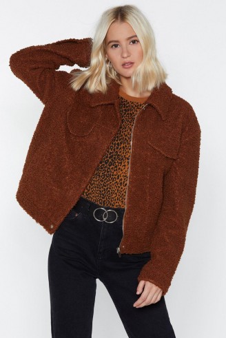 NASTY GAL I Feel Love Faux Shearling Jacket in Brown – fur trucker