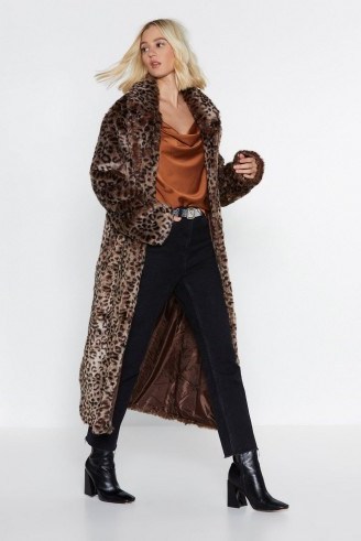 NASTY GAL It’s Your Meow-ment Leopard Coat in Brown – long faux fur animal print coat - flipped