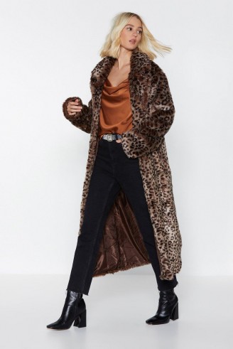 NASTY GAL It’s Your Meow-ment Leopard Coat in Brown – long faux fur animal print coat