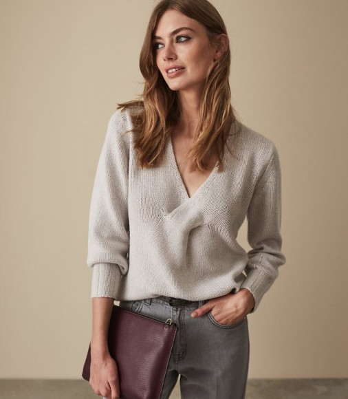 REISS KAT TWIST FRONT V-NECK JUMPER SOFT GREY ~ casual luxe knitwear