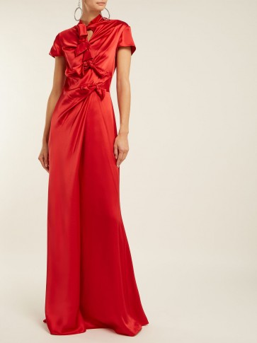 SALONI Kelly bow-detail red silk-satin dress ~ chic event gown