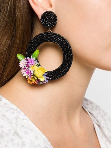 KEN SAMUDIO oversized floral black bead earrings / large flower embellished hoops - flipped