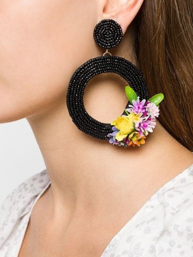 KEN SAMUDIO oversized floral black bead earrings / large flower embellished hoops