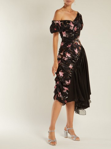 PREEN BY THORNTON BREGAZZI Kim foxglove-print silk-satin dress ~ asymmetric design