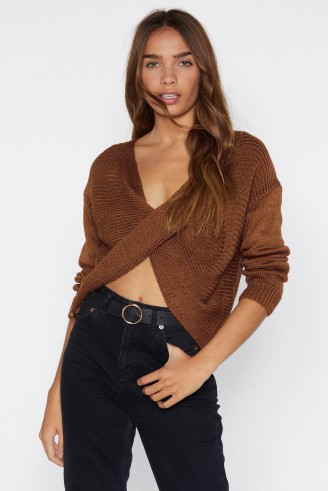 NASTY GAL Knitted Twist Front Jumper in Tan – slouchy brown sweater
