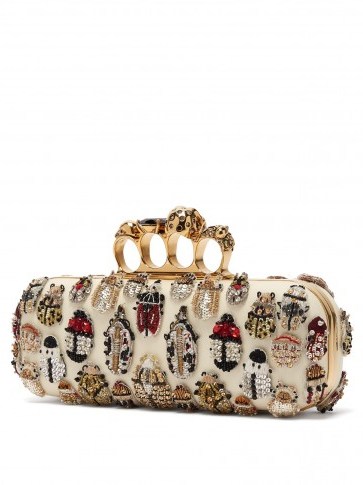 ALEXANDER MCQUEEN Knuckle crystal and bead-embroidered cream leather clutch ~ statement event bag - flipped