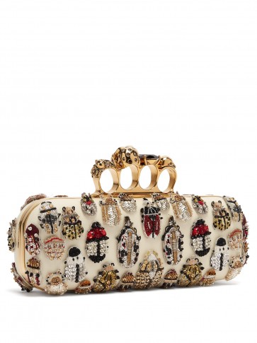 ALEXANDER MCQUEEN Knuckle crystal and bead-embroidered cream leather clutch ~ statement event bag
