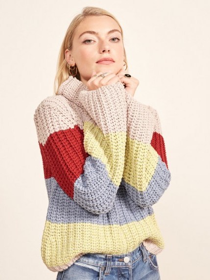 Reformation – La Ligne X Reformation Color-Me-Happy Sweater in Bright Stripe | chunky turtle neck jumpers - flipped