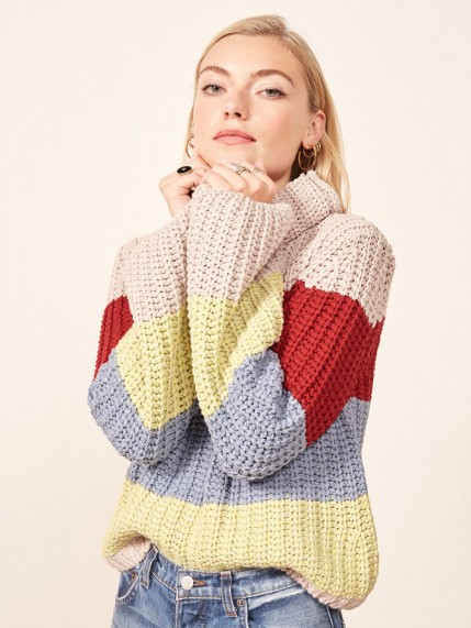 Reformation – La Ligne X Reformation Color-Me-Happy Sweater in Bright Stripe | chunky turtle neck jumpers