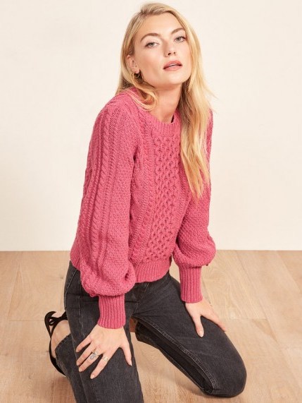 Reformation – La Ligne X Reformation Sail-Away-With-Me Sweater in Hot Pink | pretty cable knit jumper - flipped