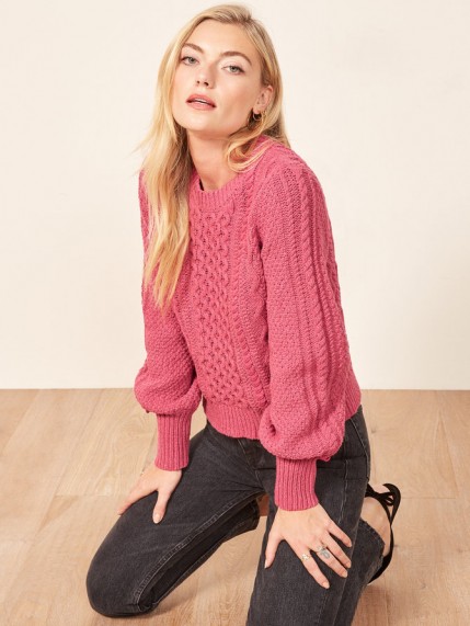 Reformation – La Ligne X Reformation Sail-Away-With-Me Sweater in Hot Pink | pretty cable knit jumper