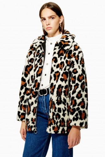 TOPSHOP Leopard Print Borg Zip Up Jacket – brown animal prints - flipped