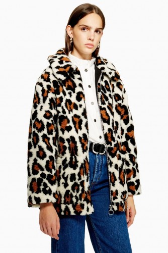 TOPSHOP Leopard Print Borg Zip Up Jacket – brown animal prints