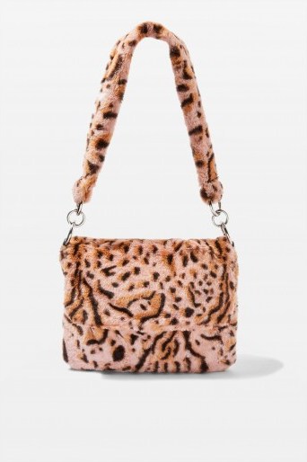 Topshop Leopard Print Teddy Faux Fur Shoulder Bag in Pink | animal print bags - flipped
