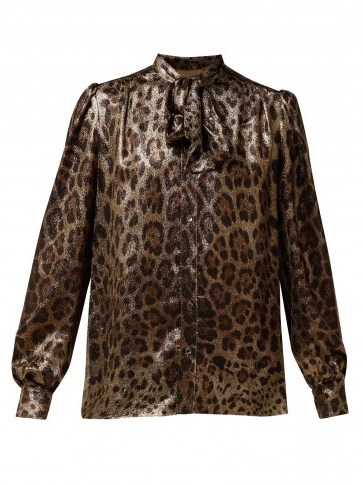 DOLCE & GABBANA Leopard-print metallic-bronze silk-blend pussy-bow blouse ~ shimmering animal prints - flipped