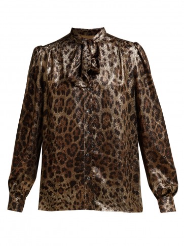 DOLCE & GABBANA Leopard-print metallic-bronze silk-blend pussy-bow blouse ~ shimmering animal prints