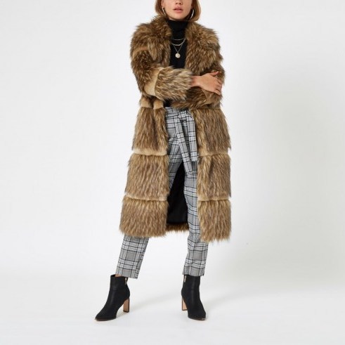 River Island Light brown fur tipped longline coat – vintage style winter coats - flipped