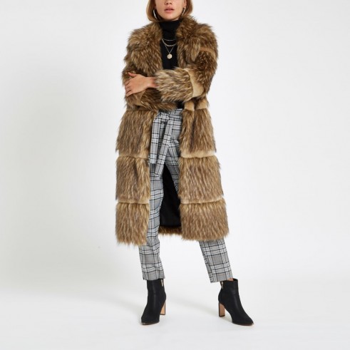 River Island Light brown fur tipped longline coat – vintage style winter coats